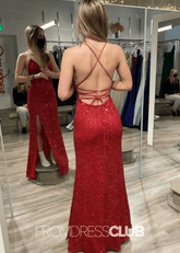 Kay |Long Red Prom Dresses Near Me With Straps Sequin V Neck Mermaid Slit - Price #price_variant_lowest# - Red - PromDressClub